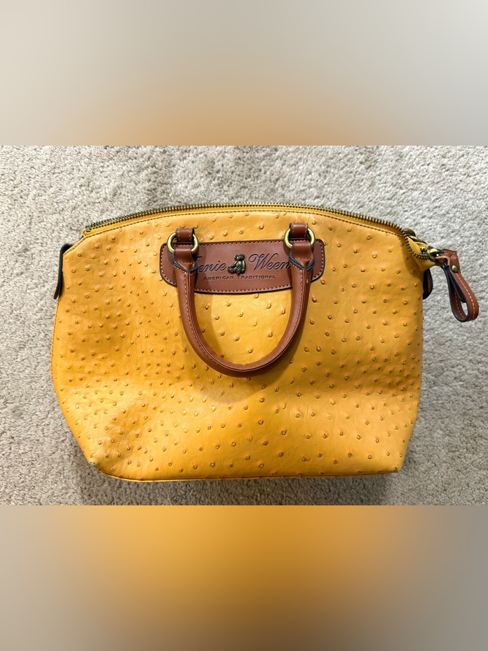 Teenie Weenie Yellow Ostrich-Texture Satchel with Brown Handles